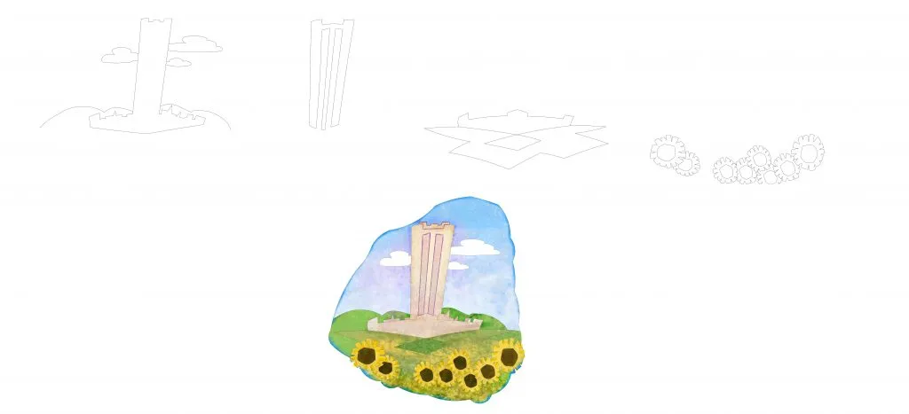Concept-development sheet with line studies and a watercolor rendering of a tower in a green landscape.