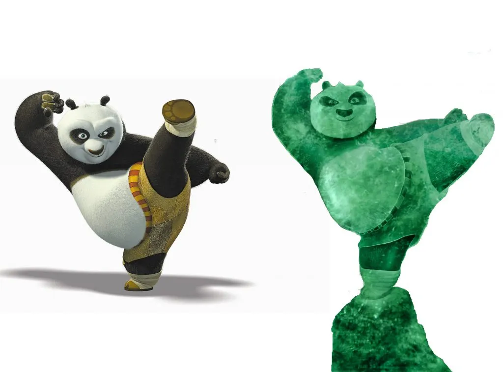 Po from Kung Fu Panda beside a translucent green concept rendering of a jade statue