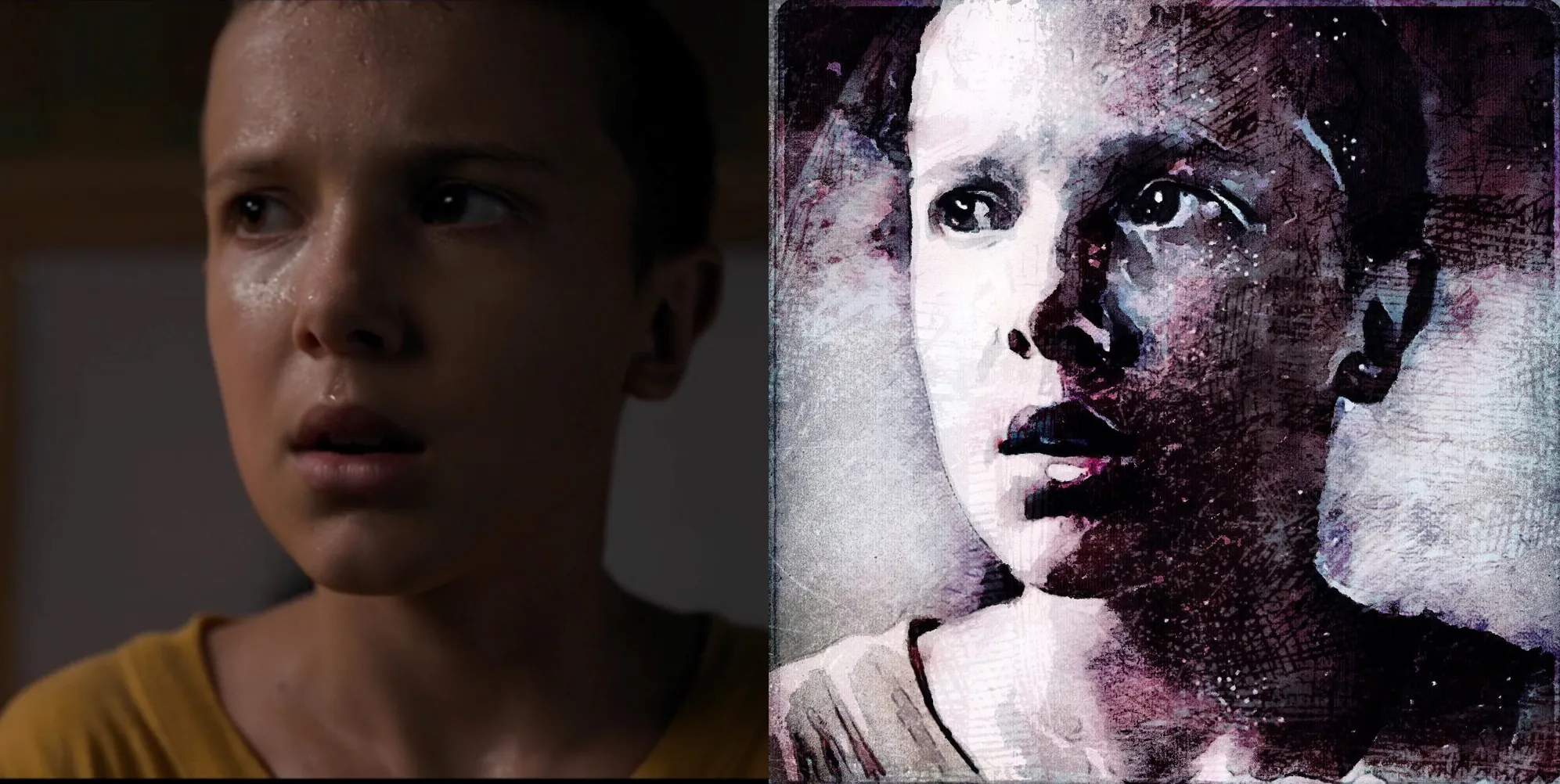 A film still beside Mandy's painterly Photoshop interpretation
