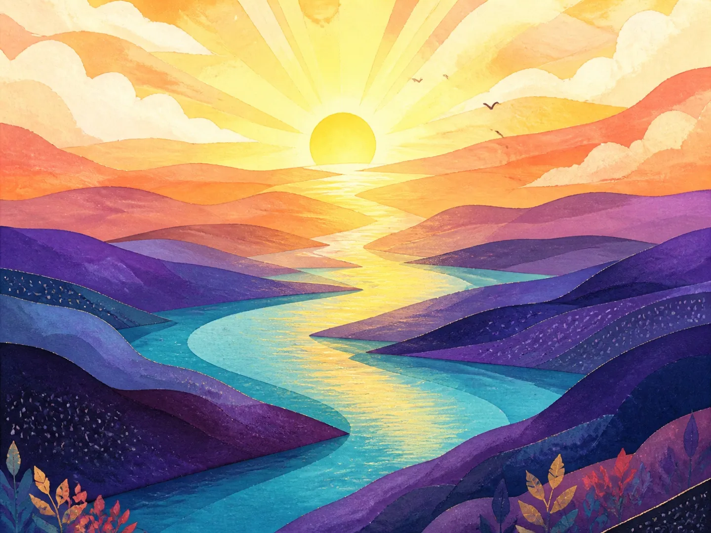 A radiant watercolor sunrise over violet hills and a winding turquoise river.