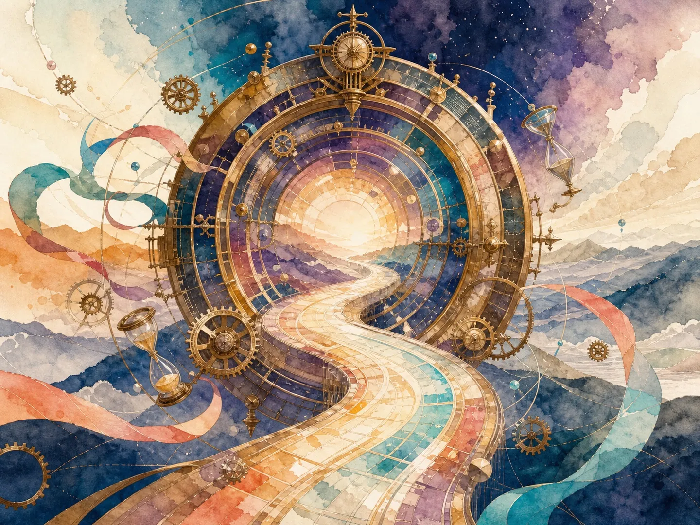 A luminous watercolor clockwork portal with brass gears, floating hourglasses, and a winding path through time.